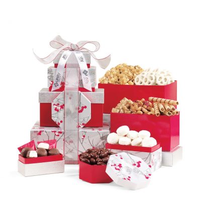 Celebrate the Season Gourmet Sweets & Treats Tower - Red-Silver-1