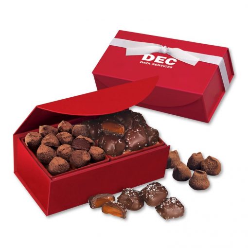 Chocolate Sea Salt Caramels & Cocoa Dusted Truffles in Red Magnetic Closure Box