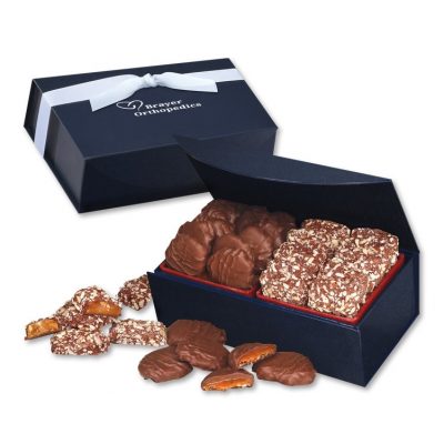 English Butter Toffee & Pecan Turtles in Navy Magnetic Closure Box