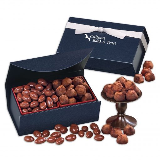 Milk Chocolate Almonds & Cocoa Dusted Truffles in Navy Magnetic Closure Box
