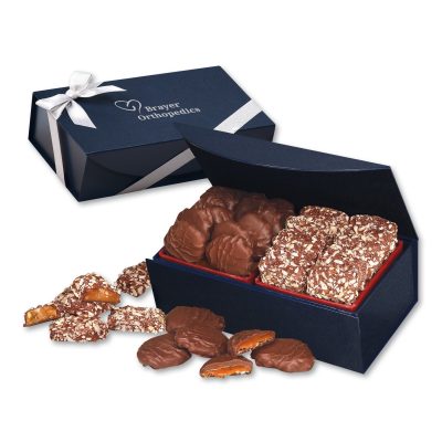 English Butter Toffee & Pecan Turtles in Navy Magnetic Closure Box
