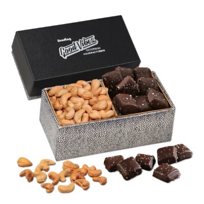 Cashews & Chocolate Sea Salt Caramels in Black & Silver Gift Box