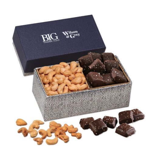 Cashews & Chocolate Sea Salt Caramels in Navy & Silver Gift Box
