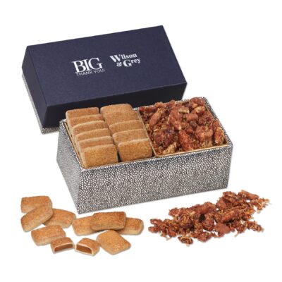 Churro Toffee & Coconut Praline Pecans in Navy & Silver Gift Box