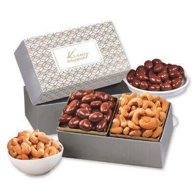 Chocolate Covered Almonds & Fancy Cashews in Silver & Gold Gift Box
