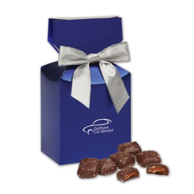 Chocolate Sea Salt Caramels in Metallic Blue Gift Box