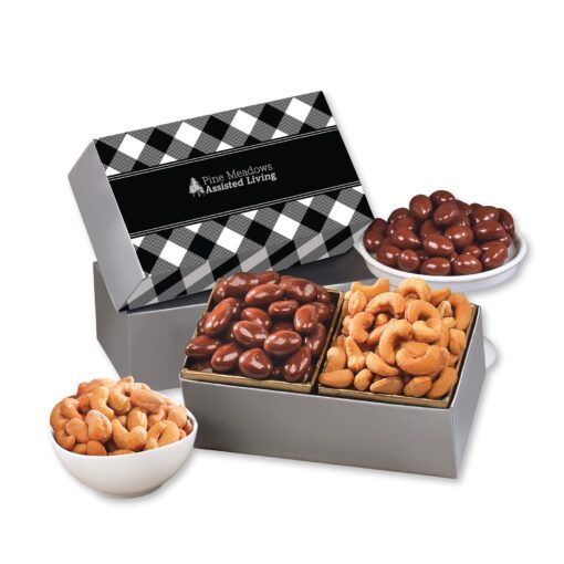Black Plaid Gift Box w/Chocolate Covered Almonds & Fancy Cashews