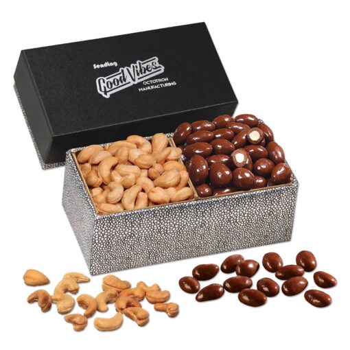 Black & Silver Gift Box w/Chocolate Almonds & Cashews