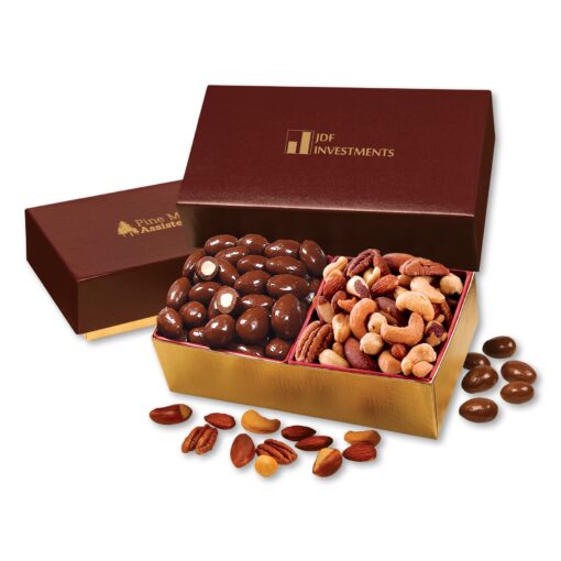 Burgundy & Gold Gift Box w/Chocolate Almonds & Deluxe Mixed Nuts