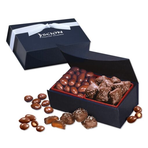 Navy Magnetic Closure Box w/Chocolate Almonds & Chocolate Sea Salt Caramels-1