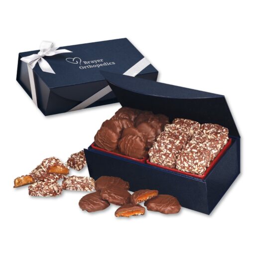 Navy Magnetic Closure Box w/English Butter Toffee & Pecan Turtles-1