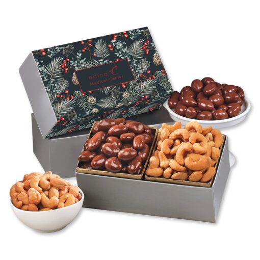 Pine Boughs & Berries Gift Box w/Chocolate Covered Almonds & Fancy Cashews-1
