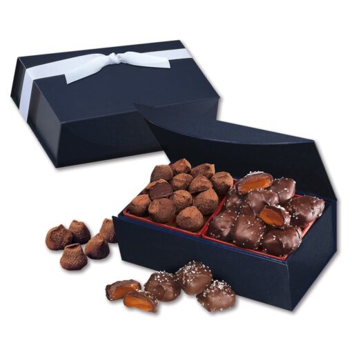 Navy Magnetic Closure Box w/Chocolate Sea Salt Caramels & Cocoa Dusted Truffles-2