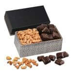 Custom Black & Silver Gift Box w/Cashews & Chocolate Sea Salt Caramels with your company logo - 1