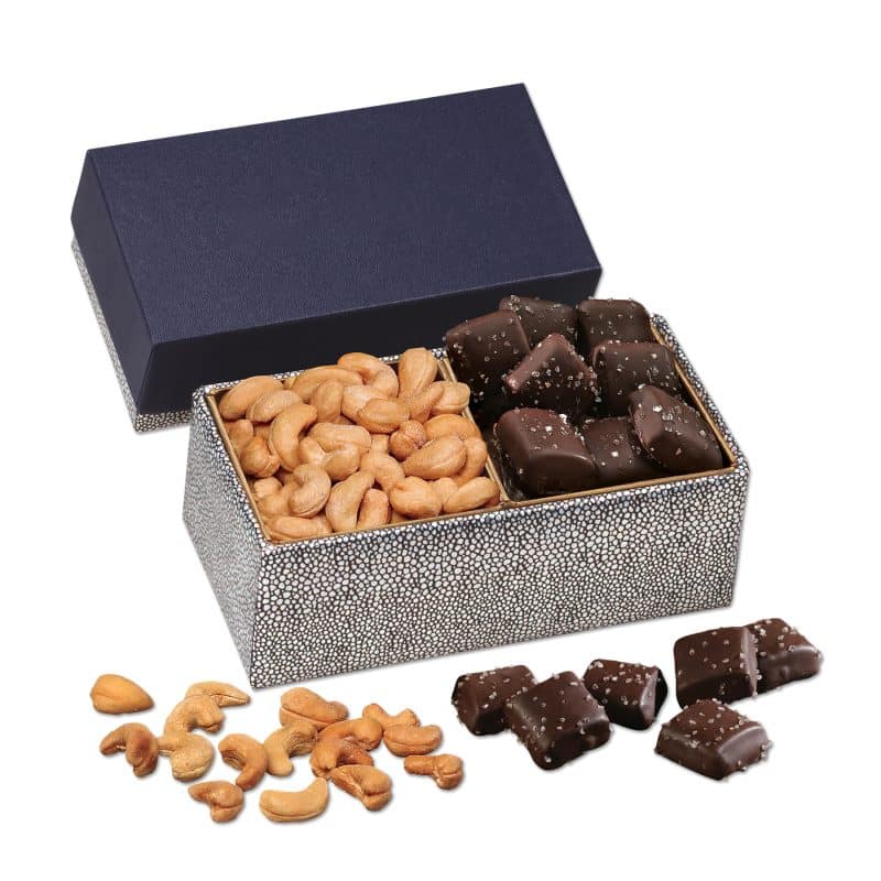Custom Navy & Silver Gift Box w/Cashews & Chocolate Sea Salt Caramels with your company logo - 1