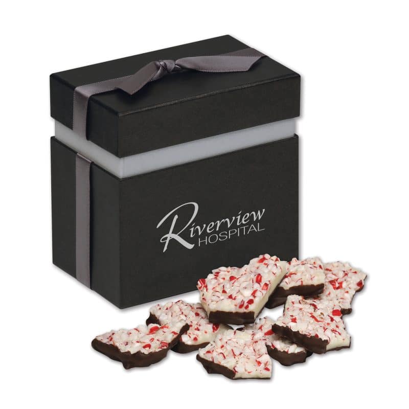 Custom Peppermint Bark in Elegant Treats Gift Box with your company logo