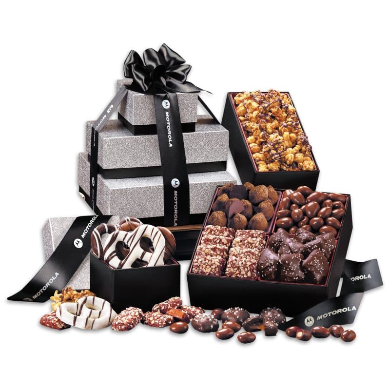 Custom Silver & Black Tower of Sweets with your company logo