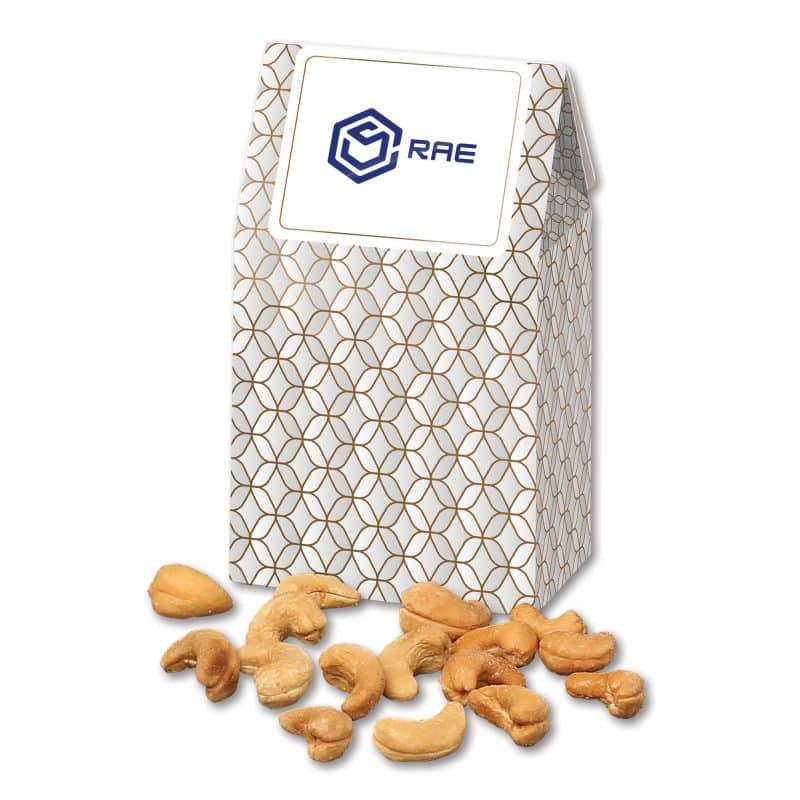 Custom Silver & Gold Geometric Gable Top Gift Box w/Fancy Cashews with your company logo