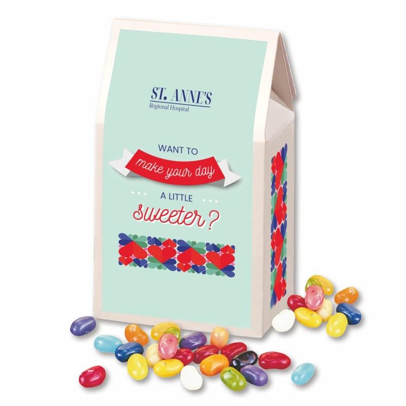 Custom White Gable Box w/ Jelly Belly Jelly Beans with your company logo