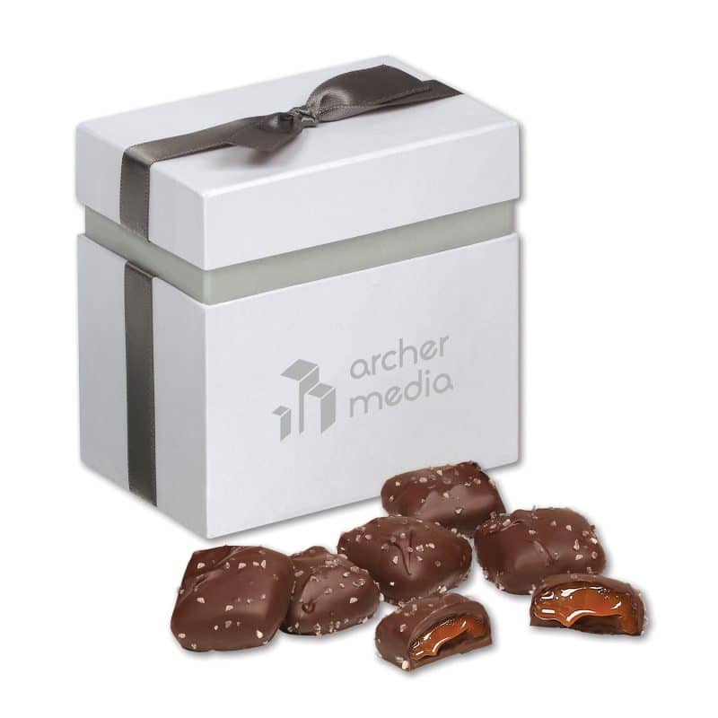 Custom Elegant Treats Gift Box w/Chocolate Sea Salt Caramels with your company logo