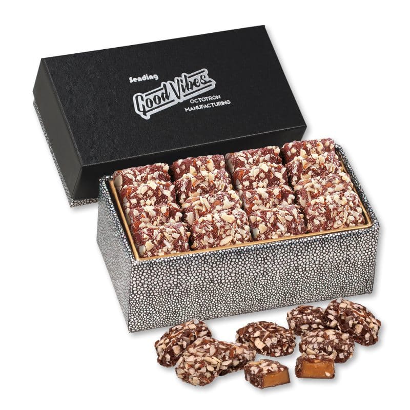 Custom Black & Silver Gift Box w/English Butter Toffee with your company logo