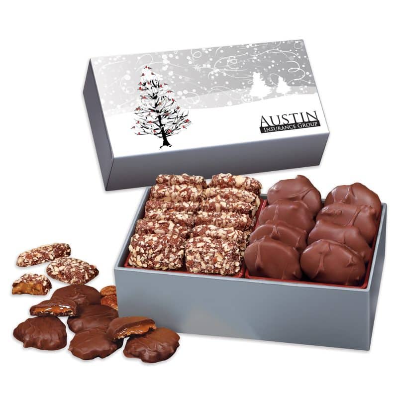 Custom Cardinals in Tree Sleeve Gift Box w/Toffee & Pecan Clusters with your company logo