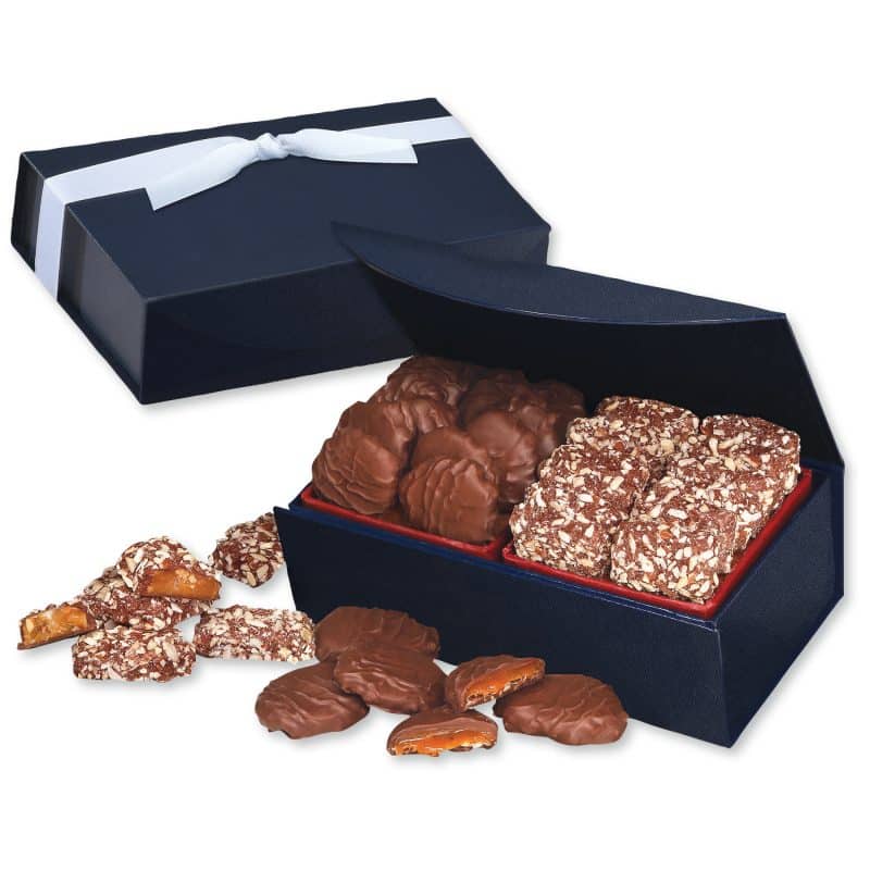 Custom Navy Magnetic Closure Box w/English Butter Toffee & Caramel Pecan Clusters with your company logo - 1