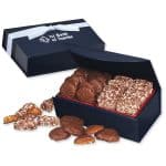 Custom Navy Magnetic Closure Box w/English Butter Toffee & Caramel Pecan Clusters with your company logo