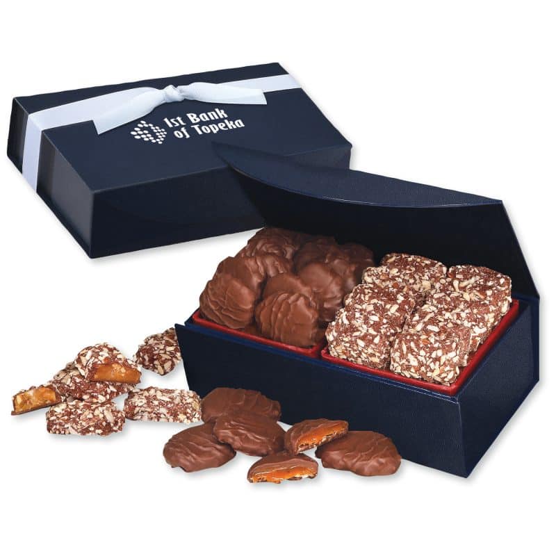 Custom Navy Magnetic Closure Box w/English Butter Toffee & Caramel Pecan Clusters with your company logo