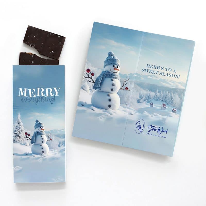 Custom One Color Foil-Stamped Stock Snowman Sweeter Cards with Sea Salt Caramel Chocolate Bar with your company logo