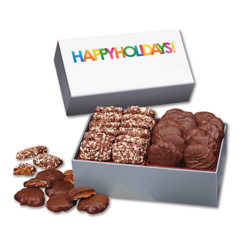 Custom Toffee & Pecan Clusters in Gift Box with Happy Holidays Sleeve with your company logo - 1