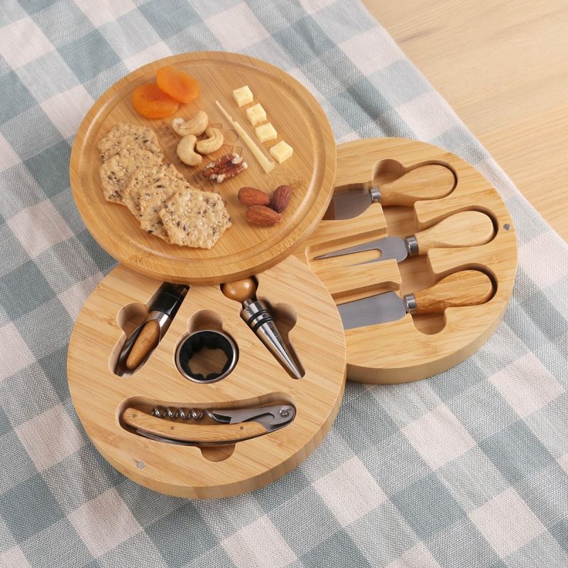 Custom 8 Piece Swivel Top Bamboo Cheese Board Set with your company logo