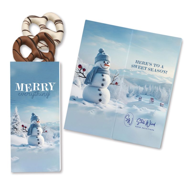 One-Color-Foil-Stamped-Stock-Snowman-Sweeter-Cards-with-Chocolate-Dipped-Pretzels-SC115BSNO Custom One Color Foil-Stamped Stock Snowman Sweeter Cards with Chocolate Dipped Pretzels with your company logo