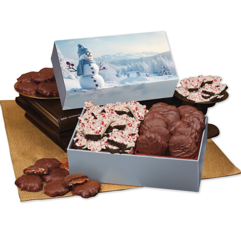 Custom Peppermint Bark & Pecan Clusters in Gift Box with Blue Snowman Sleeve with your company logo - 1