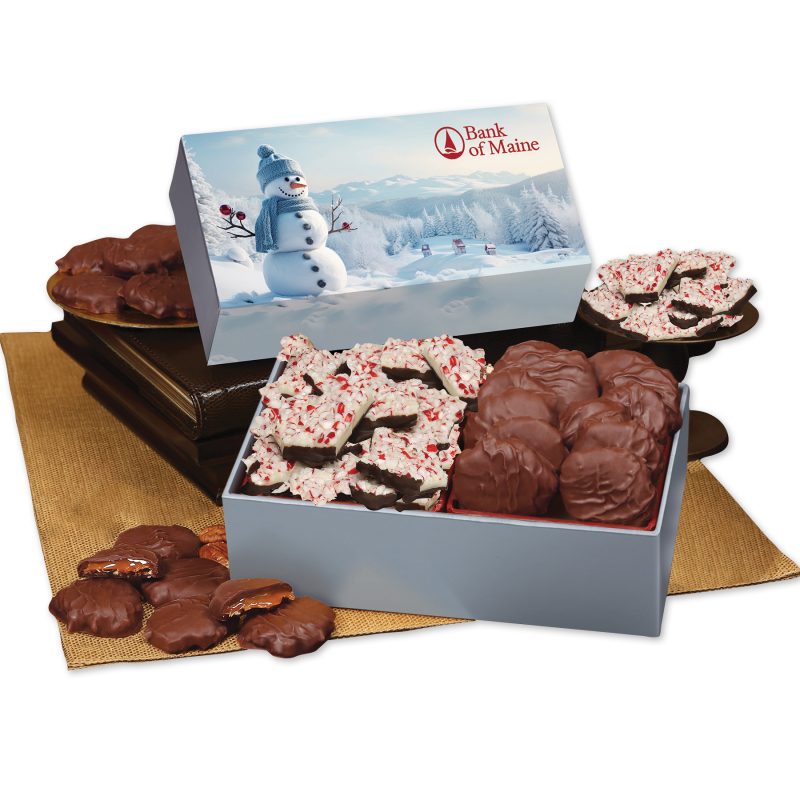 Peppermint-Bark-Pecan-Clusters-in-Gift-Box-with-Blue-Snowman-Sleeve-SLS1016BSNO Custom Peppermint Bark & Pecan Clusters in Gift Box with Blue Snowman Sleeve with your company logo