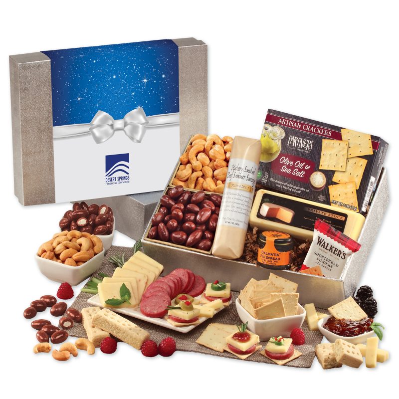 Shelf-Stable-Snacking-Smorgasbord-with-Bow-Sleeve-SLS225BOW Custom Shelf Stable Snacking Smorgasbord with Bow Sleeve with your company logo