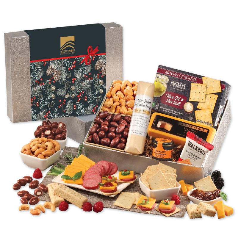 Custom Snacking Smorgasbord with Pine Boughs & Berries Sleeve with your company logo