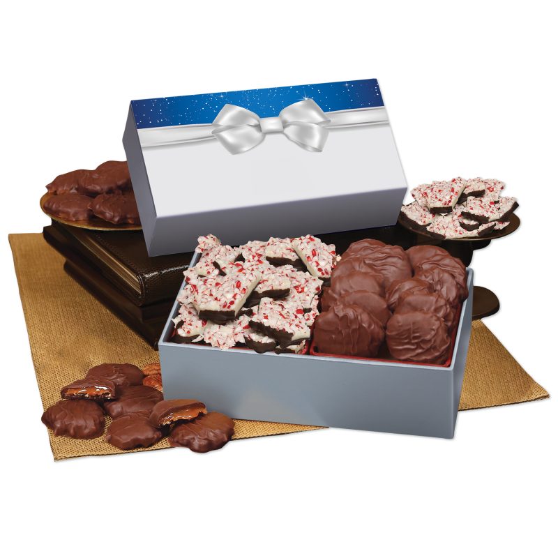 Custom Peppermint Bark & Pecan Clusters in Gift Box with Bow Sleeve with your company logo - 1