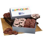 Custom Peppermint Bark & Pecan Clusters in Gift Box with Happy Holidays Sleeve with your company logo