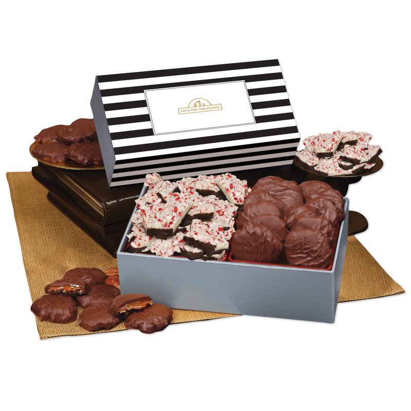 Custom Peppermint Bark & Pecan Clusters in Gift Box with Stripes Sleeve with your company logo
