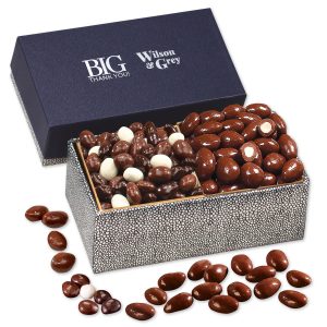 Custom Chocolate Almonds & Triple Treat Cranberries in Navy & Silver Gift Box with your company logo