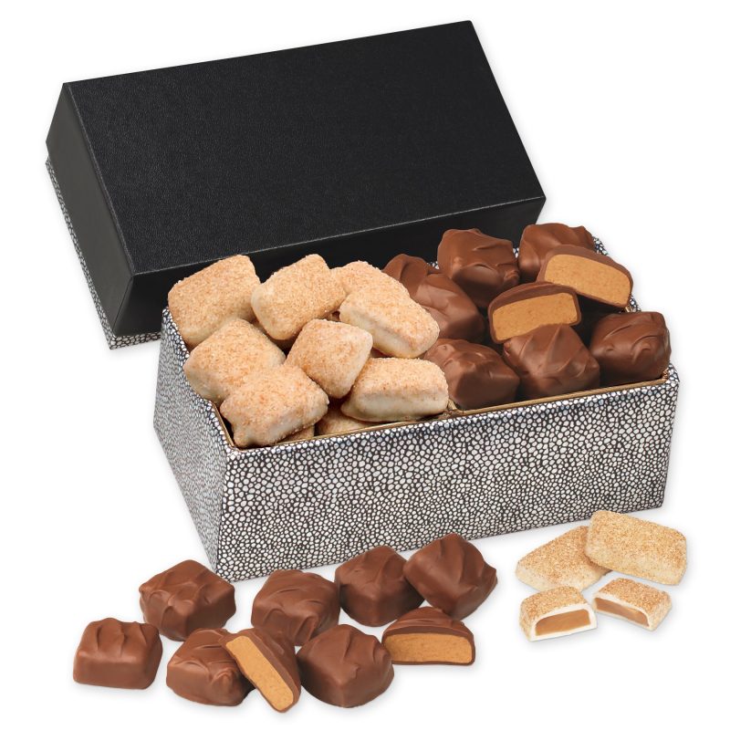 Custom Churro Toffee & Peanut Butter Meltaways in Black & Silver Gift Box with your company logo