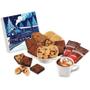 Custom Gourmet Cookie & Brownie Gift Box with Holiday Train Sleeve with your company logo
