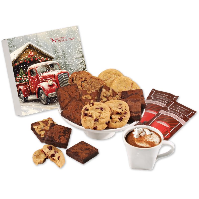 Gourmet-Cookie-Brownie-Gift-Box-with-Red-Truck-on-Bridge-Sleeve-SLS976RTB Custom Gourmet Cookie & Brownie Gift Box with Red Truck on Bridge Sleeve with your company logo