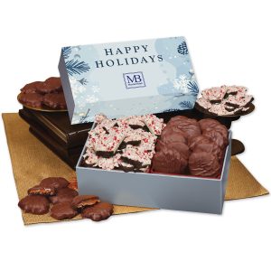 Custom Peppermint Bark & Pecan Clusters in Gift Box with Happy Holidays Sleeve with your company logo