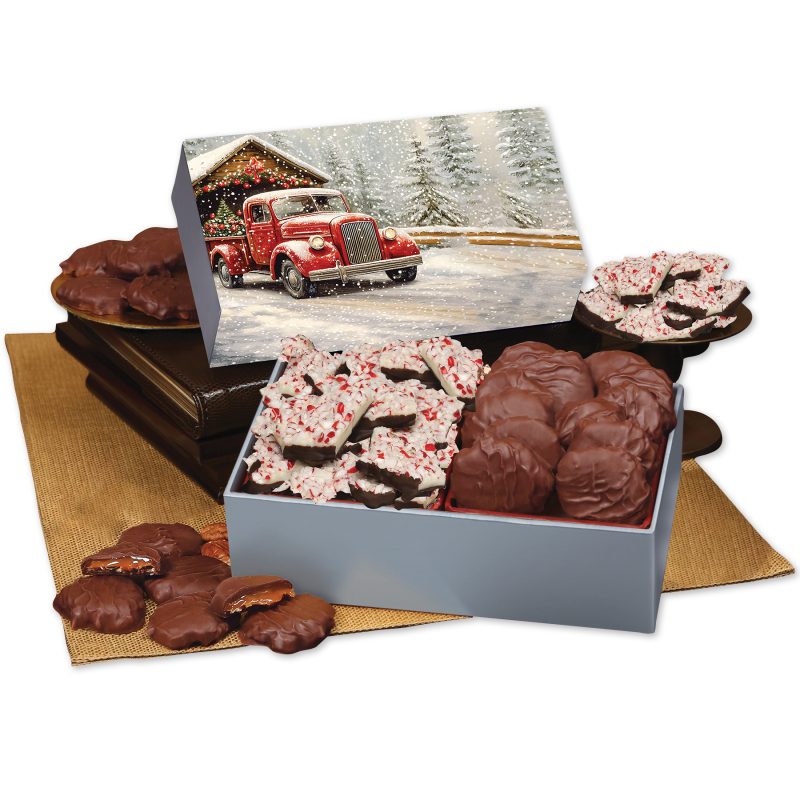 Custom Peppermint Bark & Pecan Clusters in Gift Box with Red Truck on Bridge Sleeve with your company logo - 1