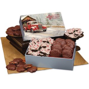 Custom Peppermint Bark & Pecan Clusters in Gift Box with Red Truck on Bridge Sleeve with your company logo