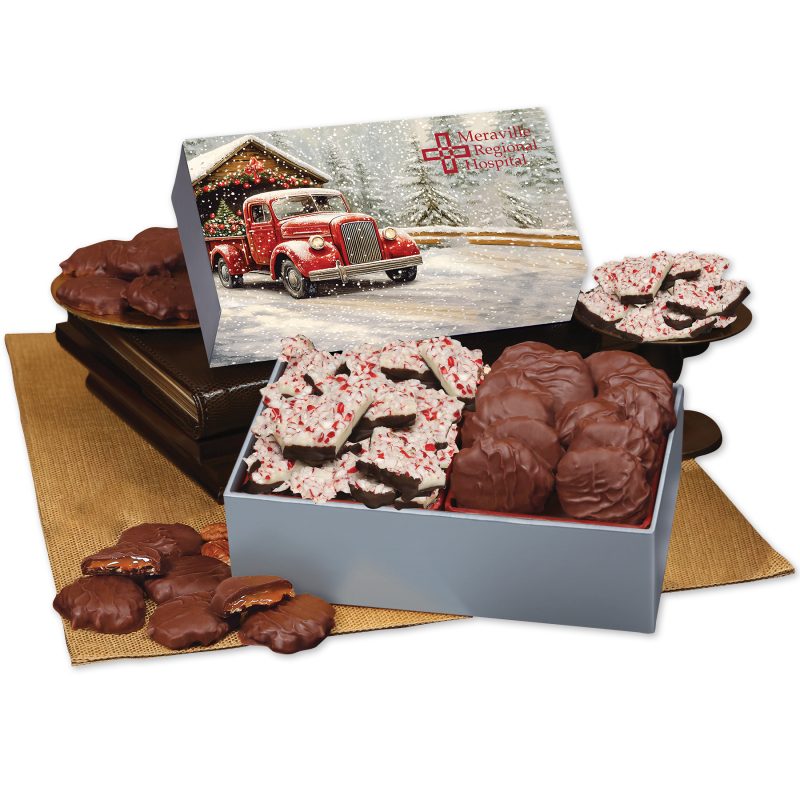 Custom Peppermint Bark & Pecan Clusters in Gift Box with Red Truck on Bridge Sleeve with your company logo