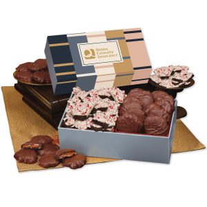 Custom Peppermint Bark & Pecan Clusters in Gift Box with Squares & Lines Sleeve with your company logo