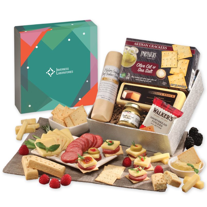 Custom Shelf Stable Snack Lover's Gift Box with Green Geometric Sleeve with your company logo